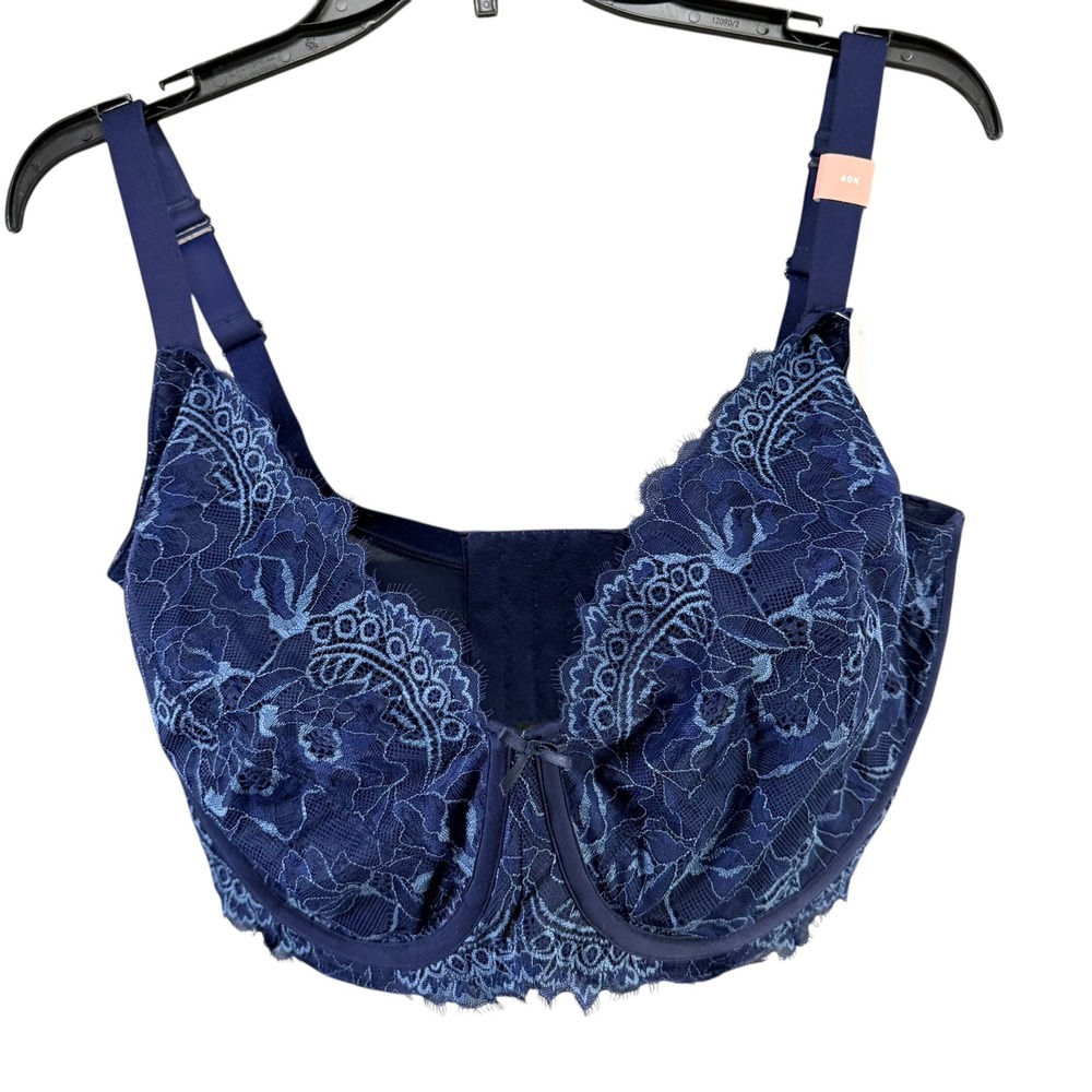 Cacique Unlined Balconette Womens 40K Blue Lace Romantic Feminine Flirty Chic - Picture 2 of 14